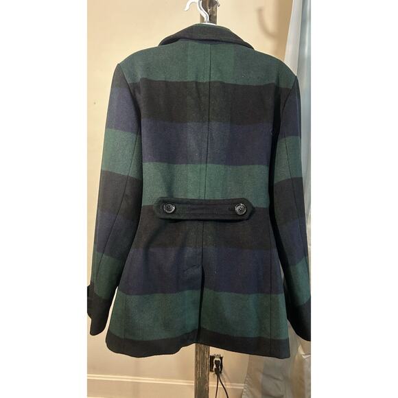 St John's Bay Wool Blend Peacoat Blue Green Plaid Size L Lined Pea Coat - Picture 3 of 6